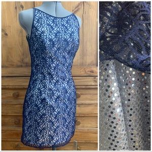 Vintage Jessica McClintock navy lace silver sequin dress retro